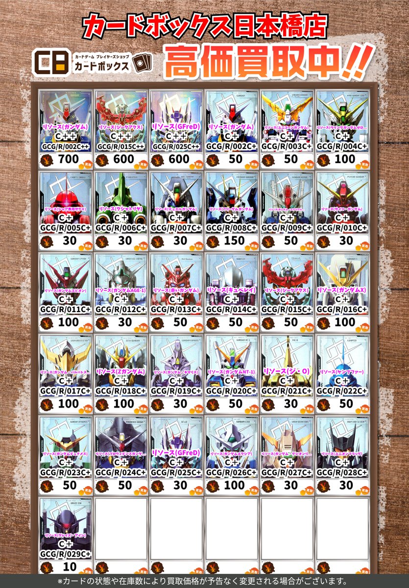 CB日本橋店ガンダムカードゲーム買取表 【注意事項】 ・上限枚数集まり