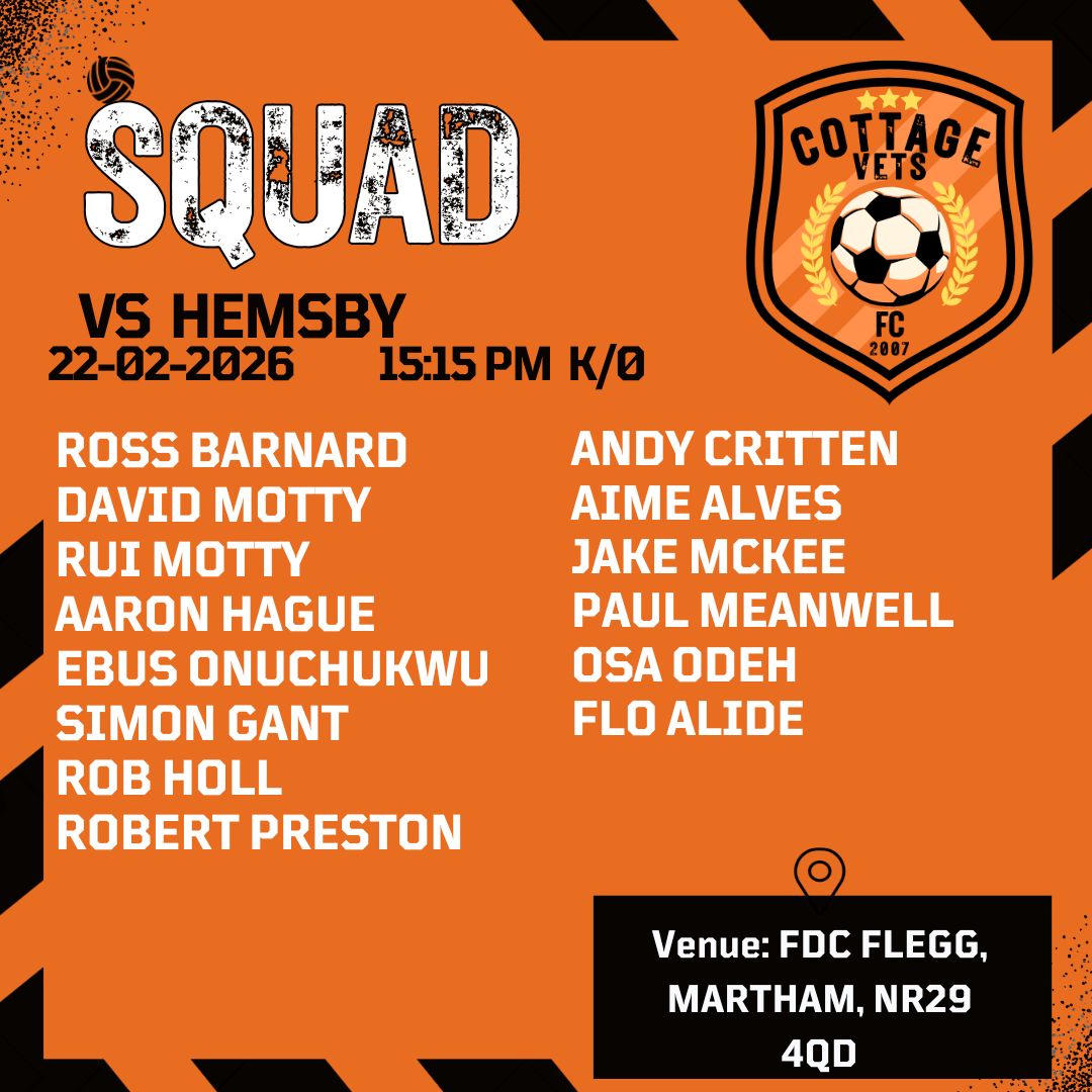 CottageVetsFC's tweet photo. Squad for Sunday's game, away to Hemsby. 3.15 kick off. https://t.co/X0oGN8QAWn