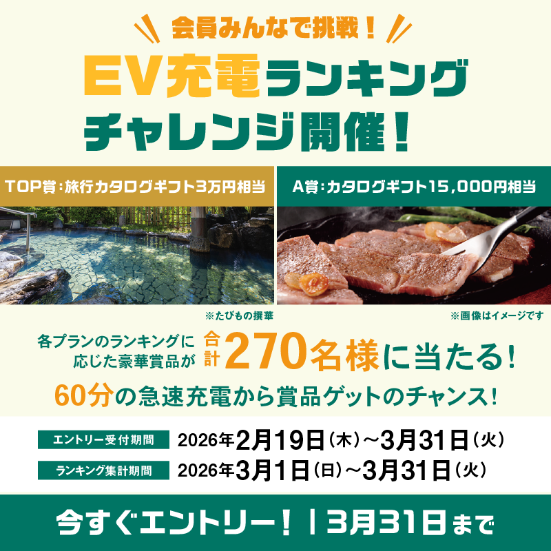 eneos_ecp's tweet photo. ＼ 本日より事前エントリー開始⚡️ ／
📢 3月1日より「EV充電ランキングチャレンジ」を開催します！

急速充電の “充電時間ランキング” に応じて豪華賞品が当たるチャンス！🎁

🏆 なんと、ランキングTOP10 に入った方には3万円相当の旅行カタログギフトをプレゼント！
さらに、60分以上の急速充電をしていただいた方にも賞品ゲットのチャンスがあります⚡️

まずは事前エントリーして、キャンペーンに参加しよう！🚗💨

📅 エントリー期間：2/19(木) 9:30 〜 3/31(火) 23:59
 ⚡️ 集計対象期間：3/1(日) 0:00 〜 3/31(火) 23:59

▼キャンペーン詳細・事前エントリーはこちら👉
https://t.co/WbkadZhNdK

#ENEOSChargePlus #EV #充電 #キャンペーン