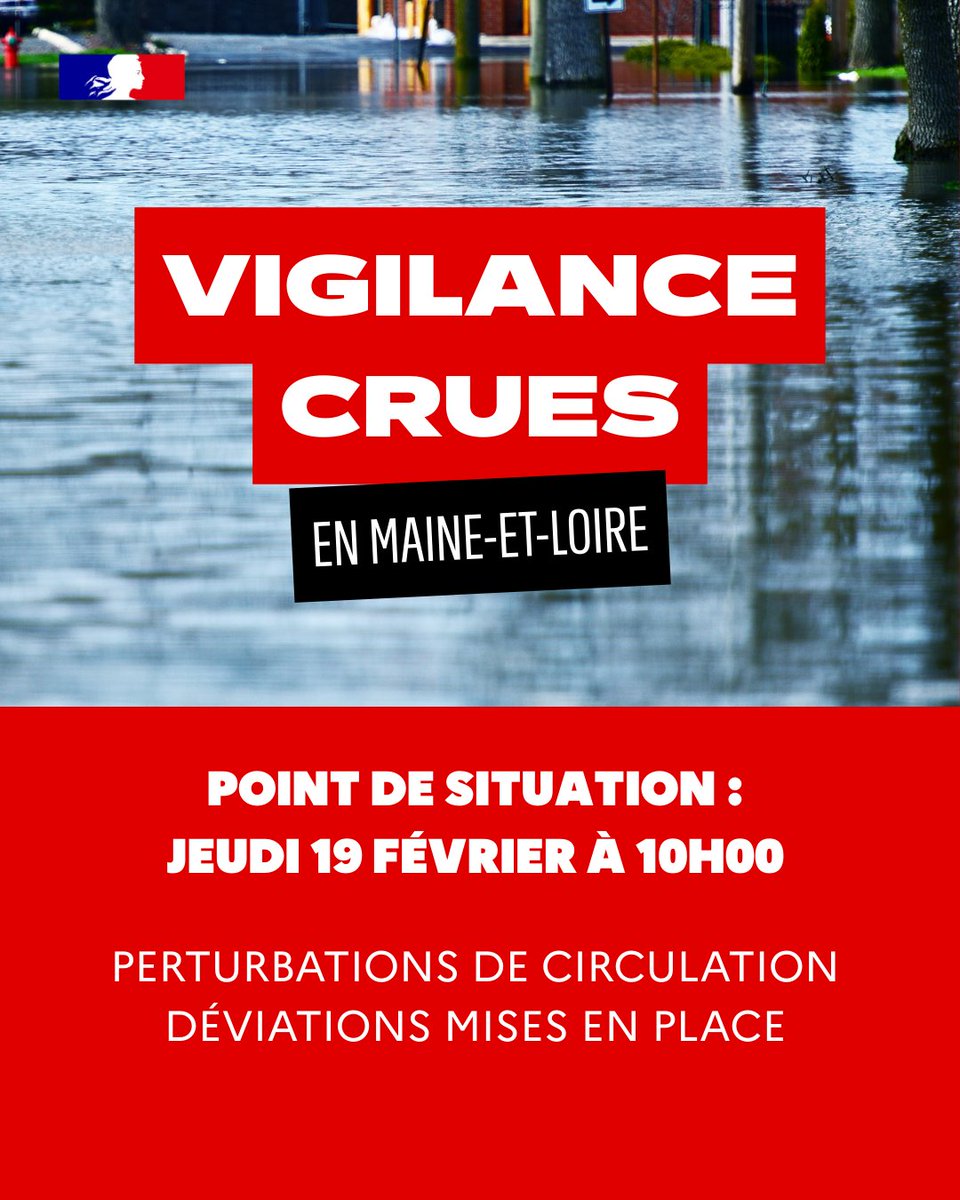 🚨Vigilance rouge crues (19/02 – 10h)

🔴Chalonnes-sur-Loire
Pont (RD961) fermé / réservé aux secours
Déviations : par Ancenis (RD723) au nord ou via A87N au sud (par Chemillé-en-Anjou)

🔴Bouchemaine
Pont (RD112) fermé. Giratoire inondé

⚠️Prudence
ℹ️urlr.me/egFkhd