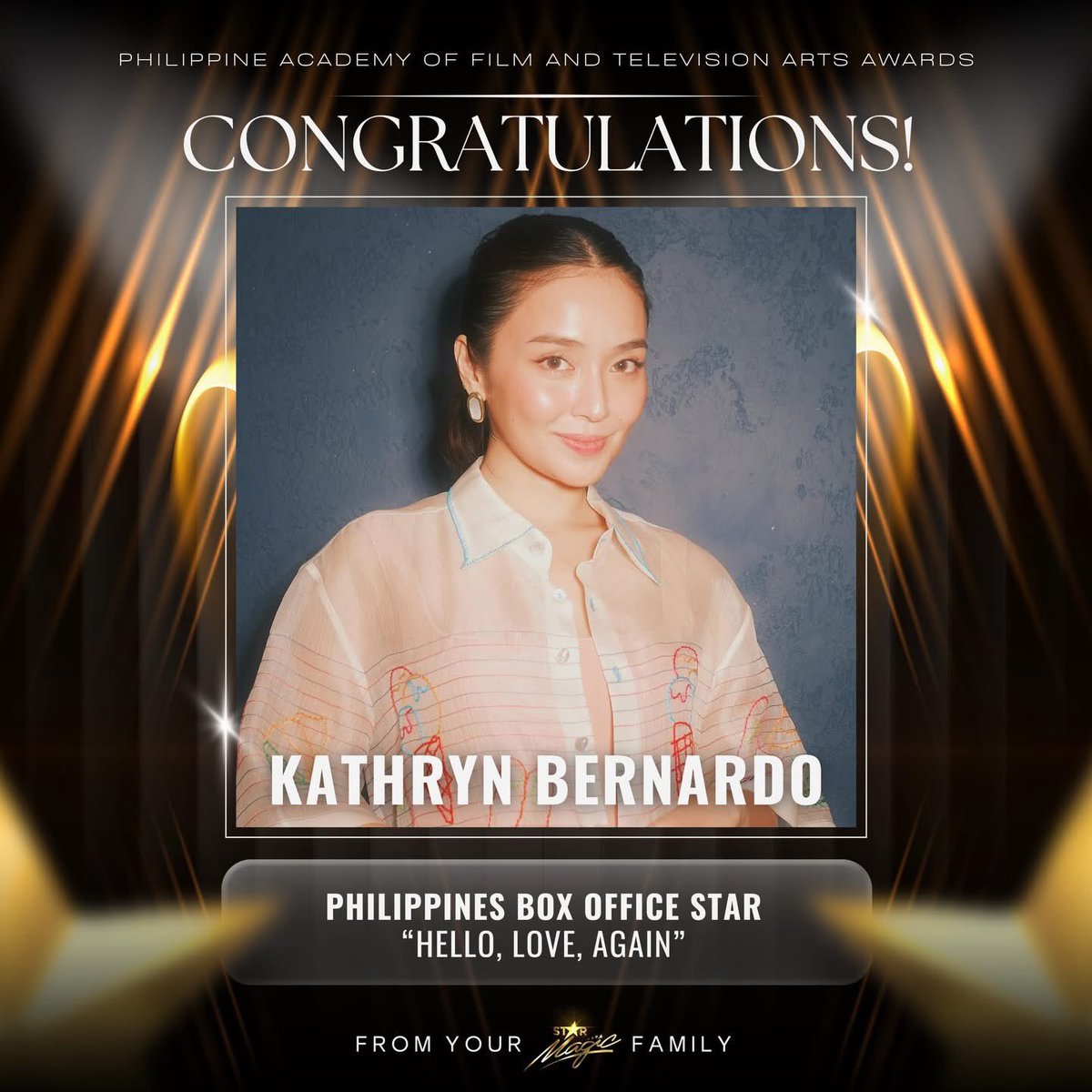 A big congratulations to our Asia’s Superstar #KathrynBernardo for being a PAFTA (Philippine Academy of Film and Television Arts) victor for Hello, Love, Again! 🙌🏻

#PAFTA2026