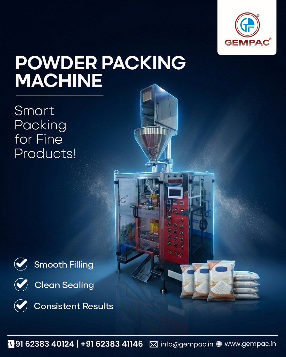 gempacindia's tweet photo. This machine is designed for easy and accurate packing of powder products.
For more details contact us.
π https://t.co/RUymddHNj7
π§ info@gempac.in
π² +91 6238341146
π² +91 9847559184
#Gempac #PowderPackaging #PackagingSolutions #PrecisionPacking #PowderFilling https://t.co/NSldZSe7LZ
