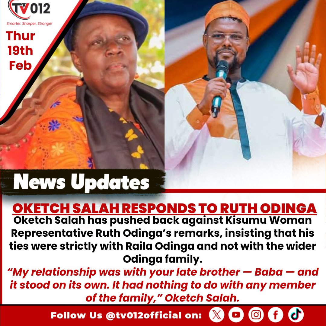tv012official's tweet image. Oketch Salah Responds to Ruth Odinga

“My relationship was with your late brother — Baba — and it stood on its own. It had nothing to do with any member of the family,” Oketch Salah.

#OketchSalah #RuthOdinga #ODM #KenyaPolitics #tv012newsupdate