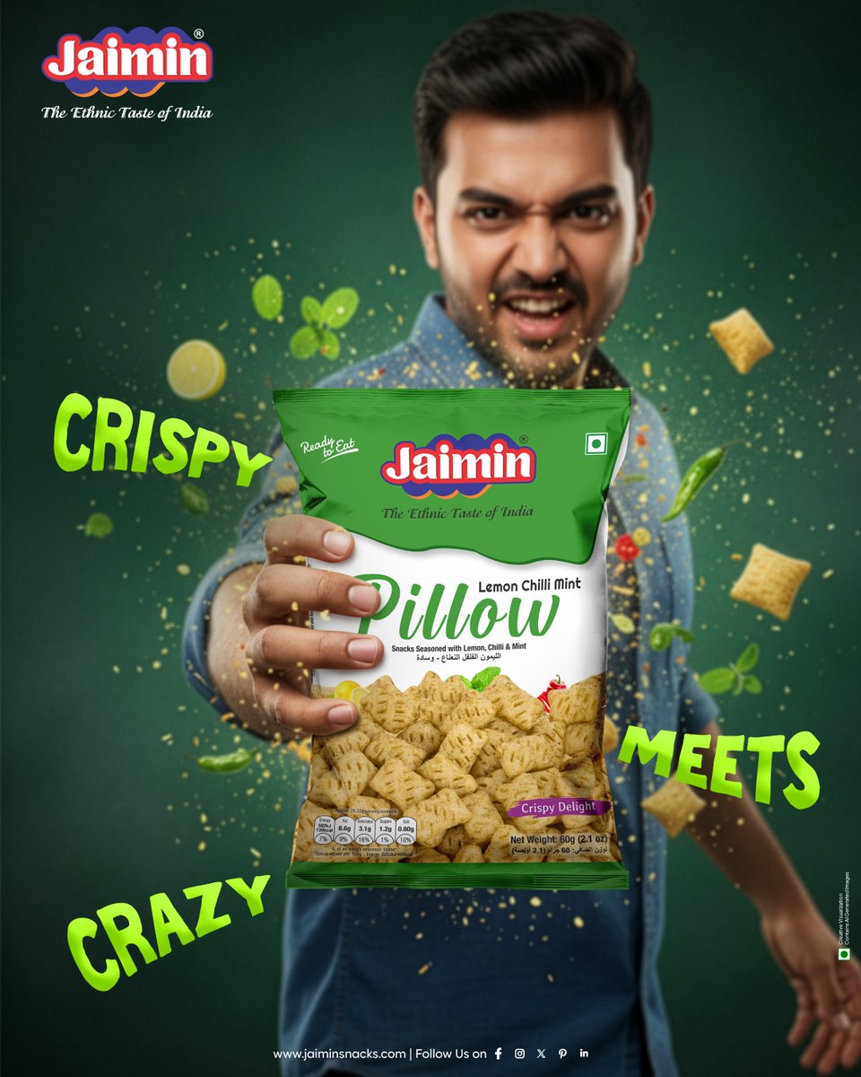 JaiminSnacks's tweet photo. Crispy meets crazy and your snack time just got upgraded 🔥
Jaimin Lemon Chilli Mint Pillow is that perfect punch of tangy lemon, spicy chilli and refreshing mint in every crunchy bite. One pack and you’re officially hooked.
Grab yours today and feel the flavour explosion! https://t.co/QnR9DhIuSb