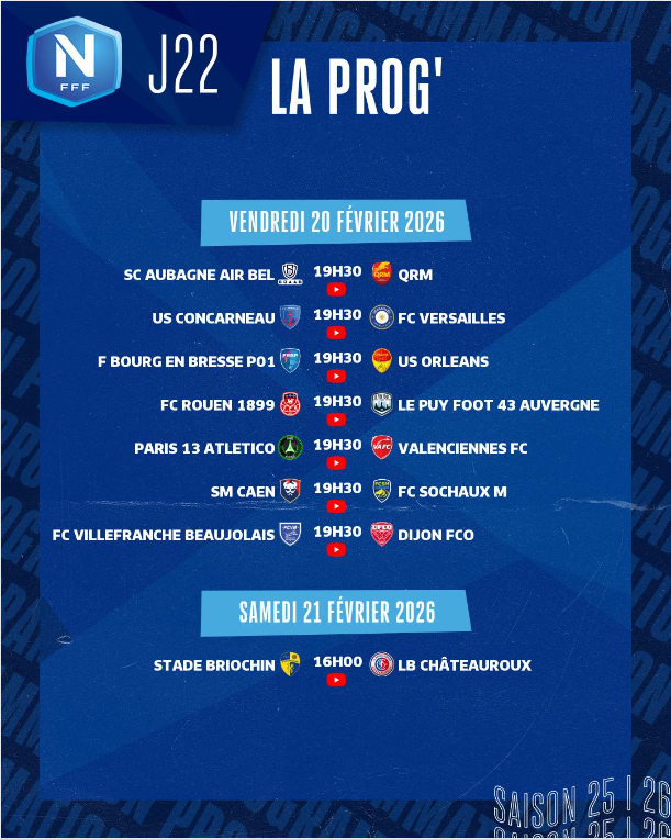 2nivergos's tweet photo. La programmation de la 22e journée de #NationalFFF et le classement actualisé (toujours en attente de la décision en appel concernant le match @VAFC - @FCSM_officiel du 12/12/2025).
#Football #National @TelegrammeSport @USConcarneau #Concarneau @Coco_62360 https://t.co/kofxyxbka7