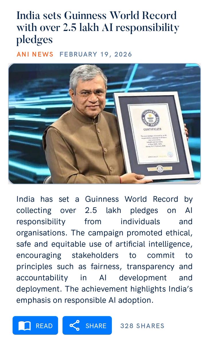 India sets Guinness World Record with over 2.5 lakh AI responsibility pledges
aninews.in/news/business/…

via NaMo App