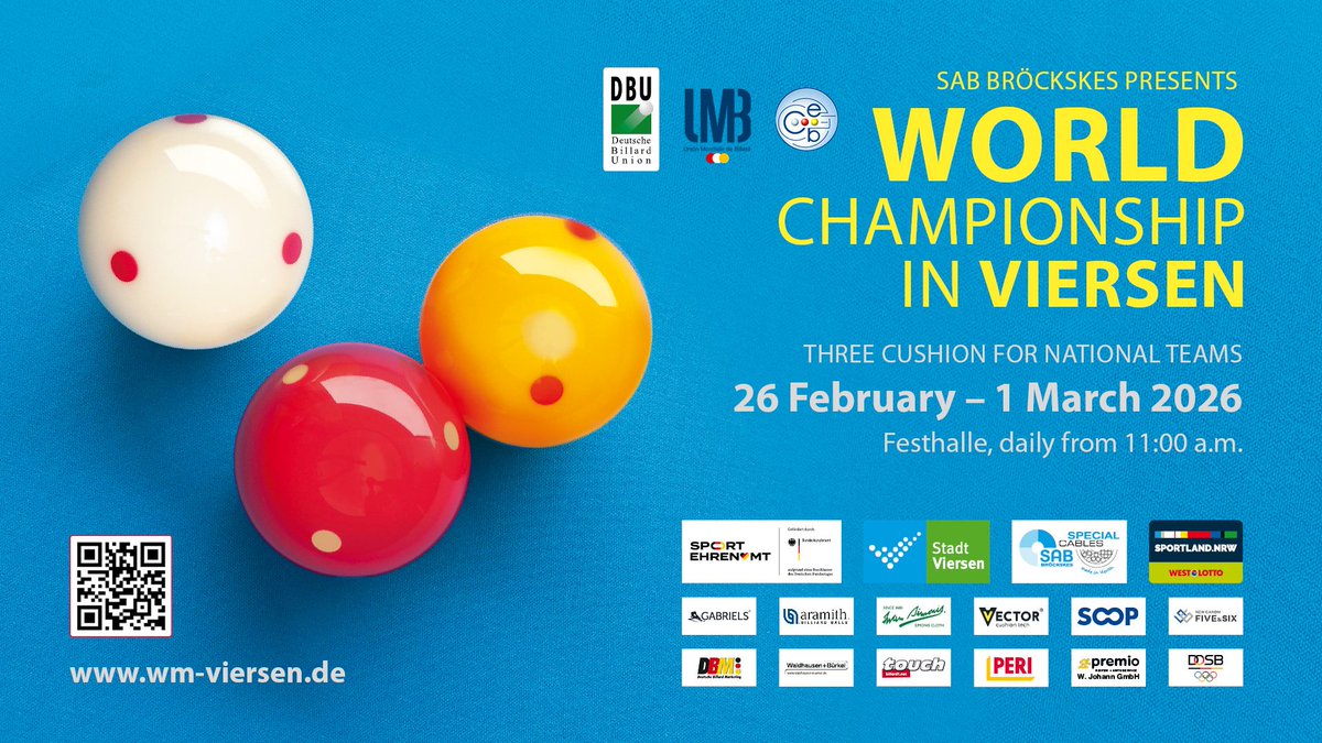 The World Championship 3-Cushion National Teams starts from 26 February 2026 in Viersen, Germany!

Read more - umb-carom.org/2352P363L2/38t…

#UMB #Billiards