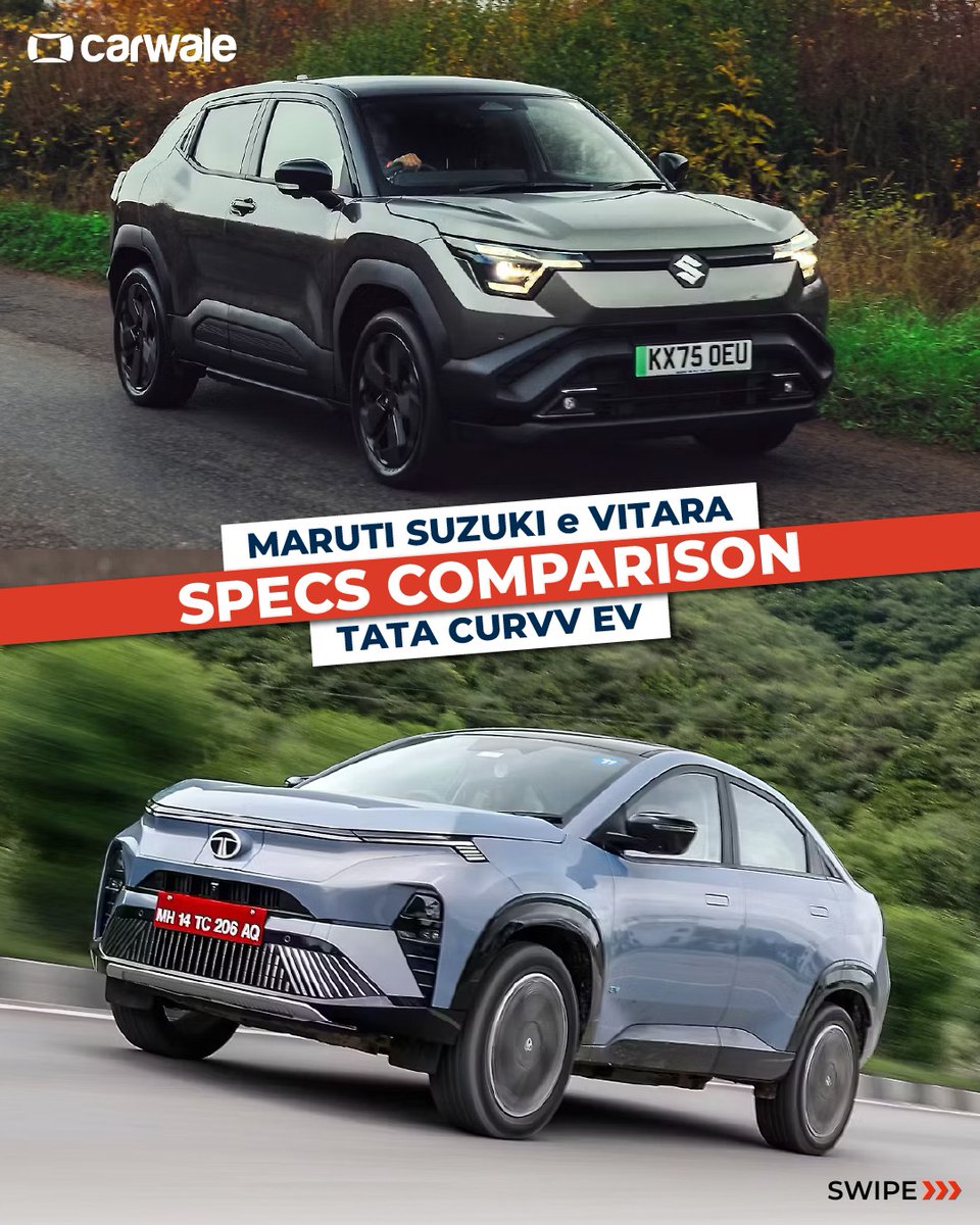 CarWale's tweet photo. Two tough EVs. One tight spec battle.
From range to performance to features — here’s how the e-Vitara stacks up against the Tata Curvv EV in our quick comparison.
Swipe through to see which one edges ahead in the numbers 🔍⚡
#marutisuzuki #tata #cwactivity #cwcomparison #cars https://t.co/5wIUkvqKy5