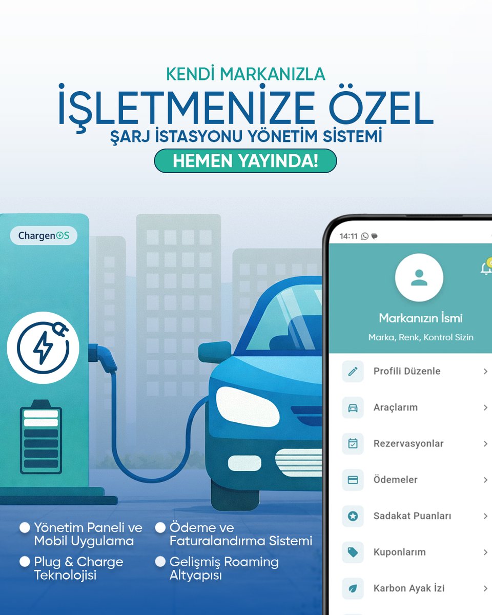oschargen's tweet photo. Elektrikli araç şarj ağınızı kendi markanızla yönetin.

✔ Yönetim paneli ve mobil uygulama
✔ Ödeme ve faturalandırma sistemi
✔ Plug &amp; Charge teknolojisi
✔ Gelişmiş roaming altyapısı

Marka sizden, kontrol sizden.
Altyapı bizden.

Demo talebi için bizimle iletişime geçin. https://t.co/3cjxkEg8K7