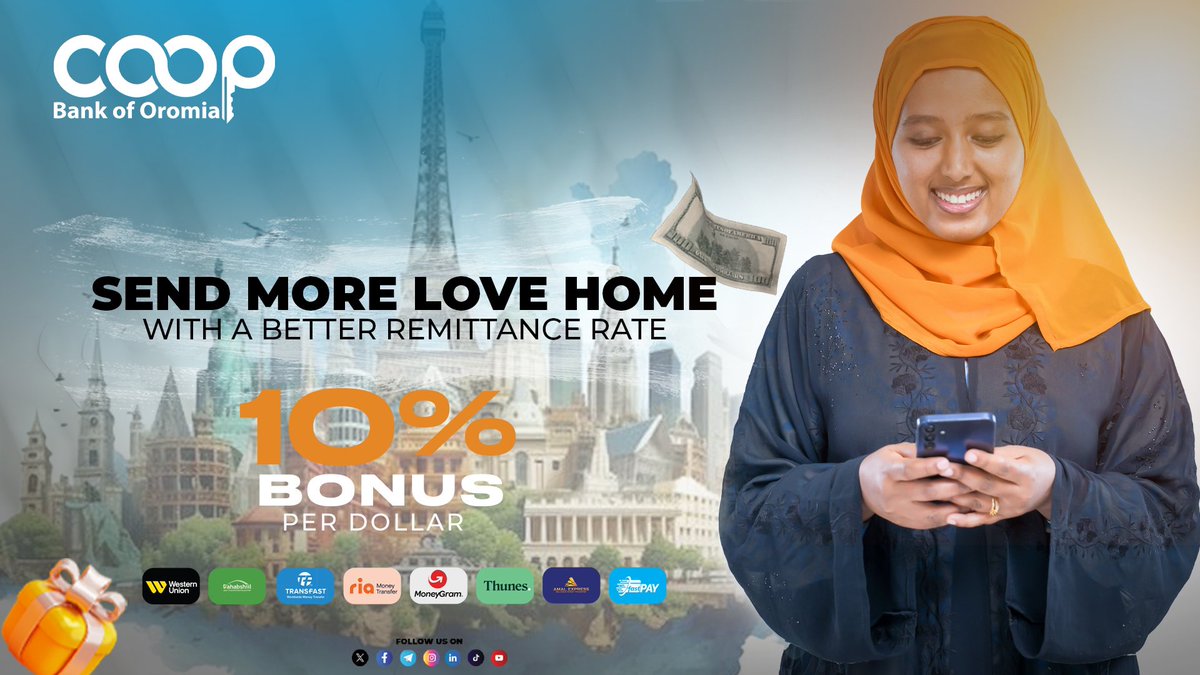 Coopbankoromia's tweet image. Don’t Miss Your 10% Bonus!
Receive foreign currency through our trusted agents and get an extra 10% per dollar, on top of the daily exchange rate, at any of our branches.

#Coopbank #RemittanceBonus #10%Extra #MoreValue #TrustedBanking