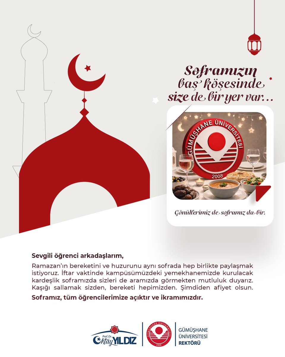 gumushanedutr's tweet photo. Sevgili öğrenci arkadaşlarımız, Ramazan’ın bereketini ve huzurunu aynı sofrada, hep birlikte paylaşmak istiyoruz. İftar vaktinde kampüsümüzdeki yemekhanemizde  sizleri de aramızda görmekten mutluluk duyarız.

“ Soframız tüm öğrencilerimize açık ve ikramımızdır”. https://t.co/IazOaTaq8U