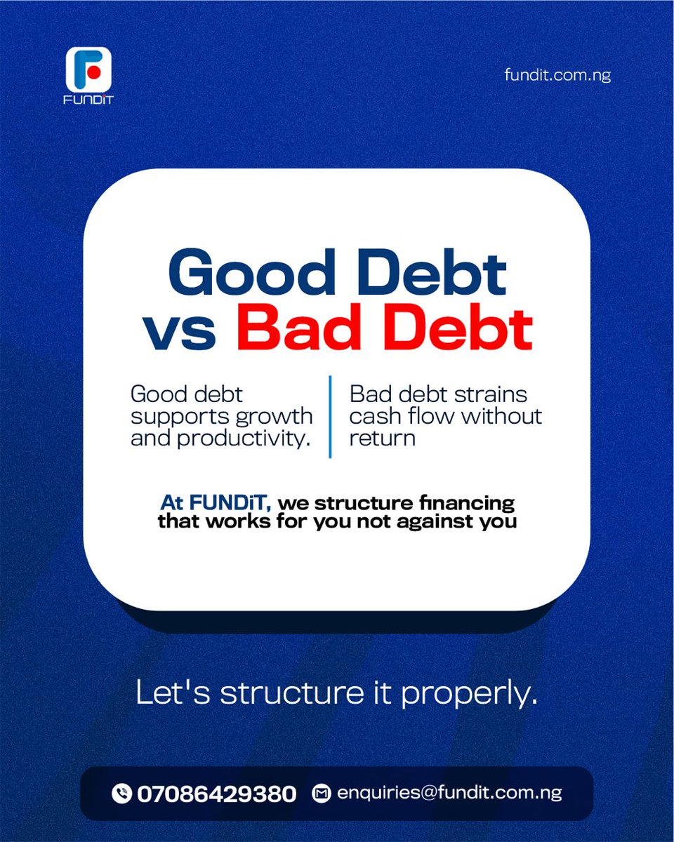 FUNDiTFinancial's tweet image. Good debt = Growth.
Bad debt = Cash flow strain.

The difference is structure.

At FUNDiT, we design financing that works for you and not against you.

Let’s structure it properly.
#FUNDiT #SmartFinance #SMEs #BusinessGrowth