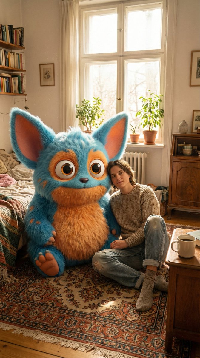 ai_with_shah's tweet photo. Nano Banana Pro 🍌 

Prompt share 👇

Ultra-realistic indoor portrait sitting in a sunlit bedroom next to a giant fluffy 3D cartoon creature. Casual attire, soft natural daylight, cozy atmosphere, detailed fur and room elements, blended realism, warm tones, 3:4 vertical, playful yet lifelike.

#NanoBananaPro #AIart