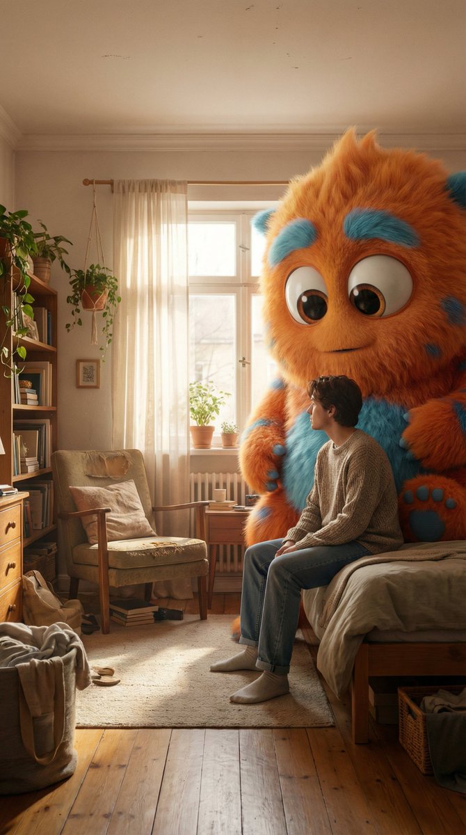 ai_with_shah's tweet photo. Nano Banana Pro 🍌 

Prompt share 👇

Ultra-realistic indoor portrait sitting in a sunlit bedroom next to a giant fluffy 3D cartoon creature. Casual attire, soft natural daylight, cozy atmosphere, detailed fur and room elements, blended realism, warm tones, 3:4 vertical, playful yet lifelike.

#NanoBananaPro #AIart