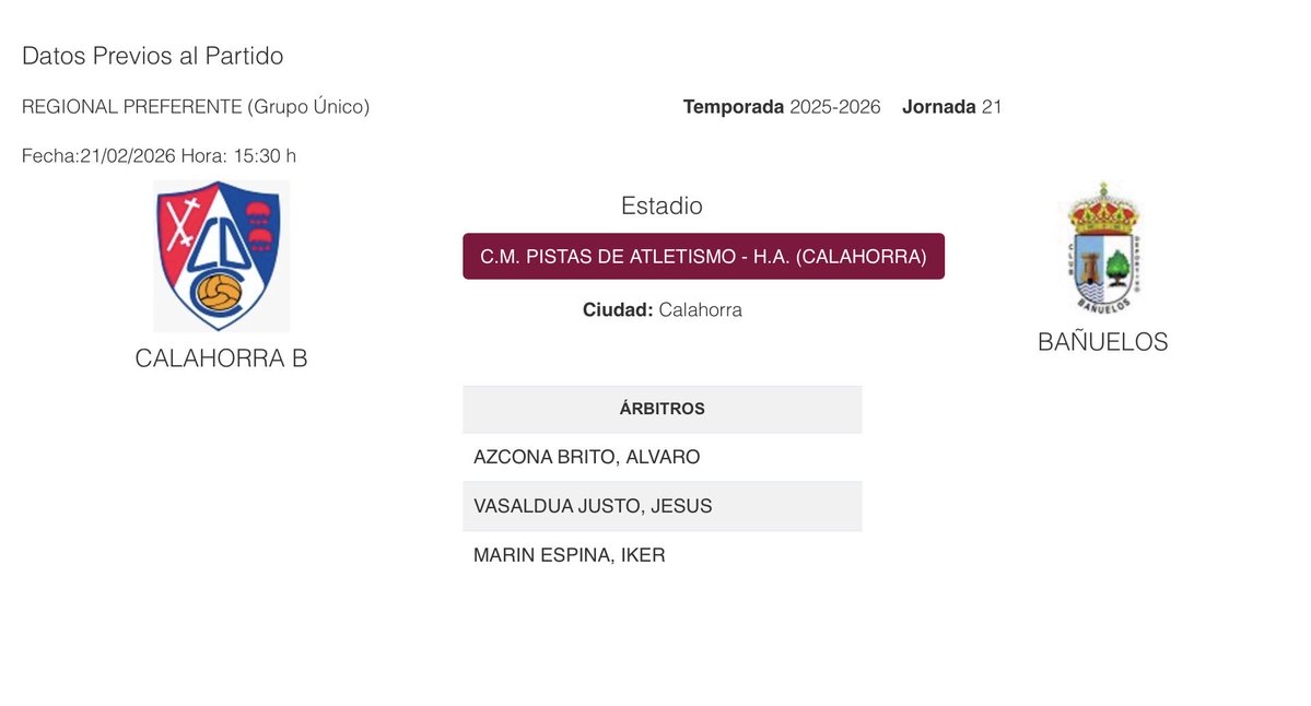 En esta jornada, el CD Bañuelos se traslada a la capital de la Rioja Baja para enfrentarse al Calahorra B, un equipo que ocupa una posición cómoda en la clasificación, muy por encima de los bañejos.