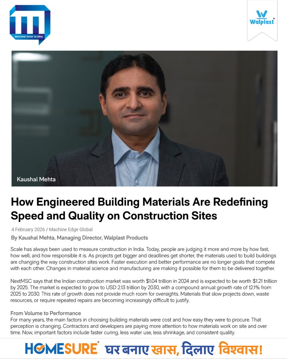 Walplast's tweet image. Our Managing Director, Mr. Kaushal Mehta, shares insights with Machine Edge Global on how engineered materials are reshaping construction through efficiency, durability, &amp;amp; sustainable innovation.

 #ThoughtLeadership #ConstructionLeadership #MachineEdgeGlobal #Walplast #Homesure