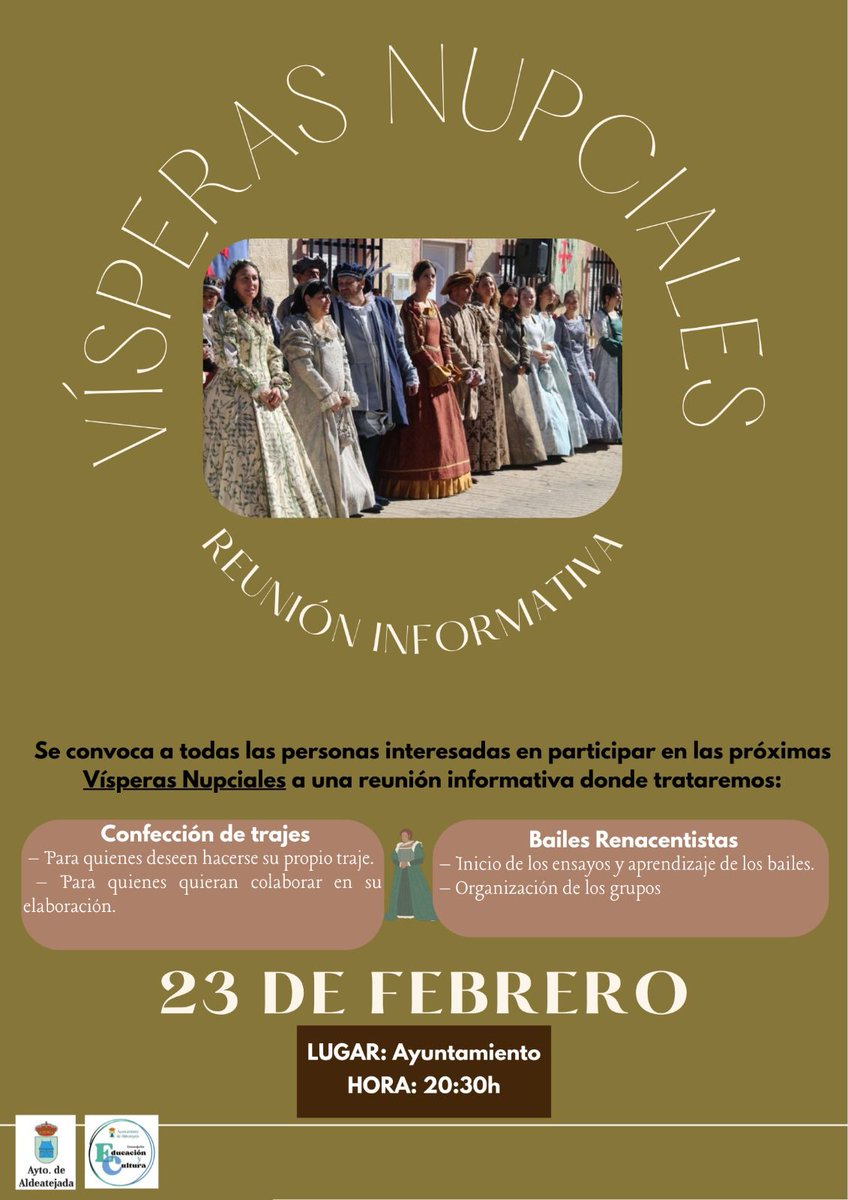 El próximo lunes 23 de febrero convocamos a todos los interesados en participar en la próxima edición de las Vísperas Nupciales a una reunión informativa que se celebrará a partir de las 20:30 horas en el Ayuntamiento
