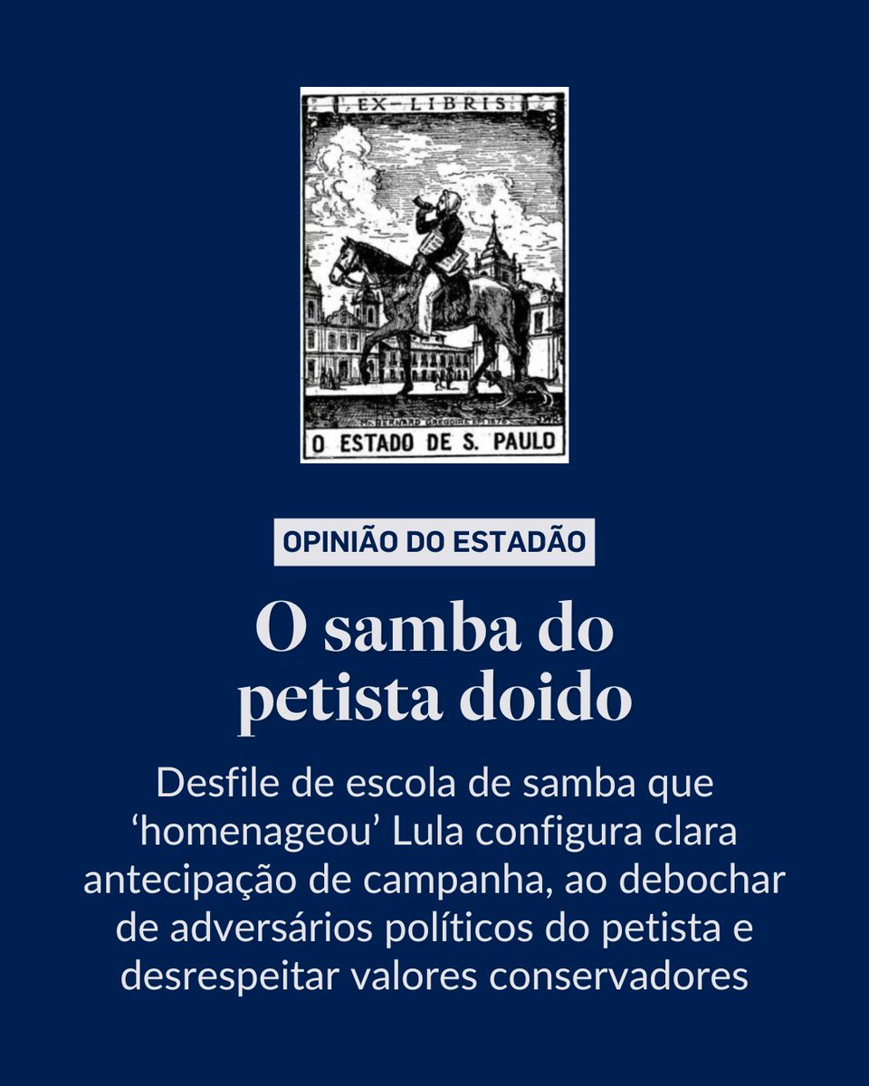 EDITORIAL | O samba do petista doido – “Tudo sob as bênçãos de Lula em pessoa, que não só acompanhou o desfile de um camarote do sambódromo, como desceu à avenida para cumprimentar os integrantes da escola”. Leia o texto completo em <a href="/opiniao_estadao/">Opinião Estadão</a> → x.gd/XuTVM