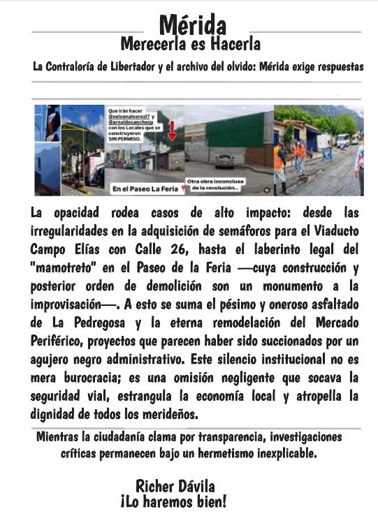 ¿Qué pasa en la Contraloría de Libertador? 🧐 Parece que mandaron al "sueño de los justos" expedientes vitales para #Mérida: 🚦Semáforos Viaducto/Calle 26 🏗️Mamotreto del Paseo de la Feria 🛣️Pésimo asfaltado en La Pedregosa 🛒Mercado Periférico ¡El silencio es complicidad! 🧵👇