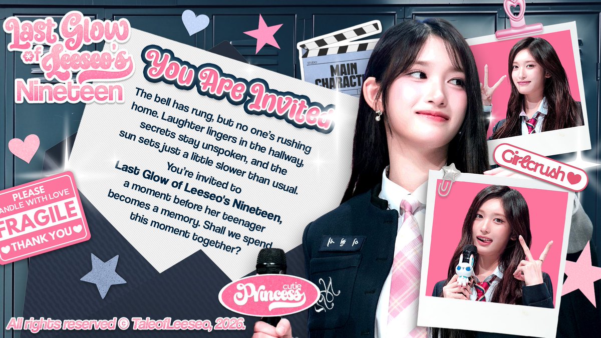 🏹 𖥔 ‌ࣳ These are the last few days of hearing school bells ring, as a graduation party will soon be here. With a cap and a birthday cake, I, Katherine, can’t wait for the day when Leeseo celebrates her last 𝘁𝗲𝗲𝗻 𝗴𝗹𝗼𝘄! ❤︎