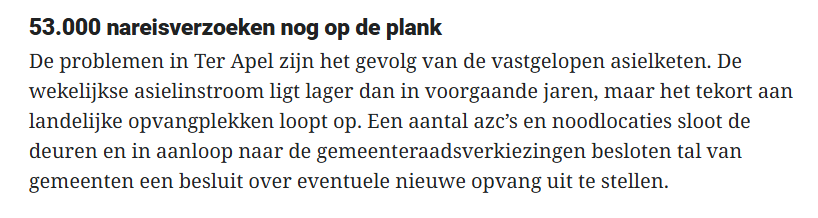 ‘53.000 nareizigers huisvesten’
De impact daarvan wordt vaak gebagatelliseerd.
Maar neem alleen huisartsen.
Bij een norm van 2.100 patiënten per huisarts betekent dit 25 extra huisartsen.
Let wel: bij een groot een groeiend tekort aan huisartsen.
En dan hebben we het nog niet