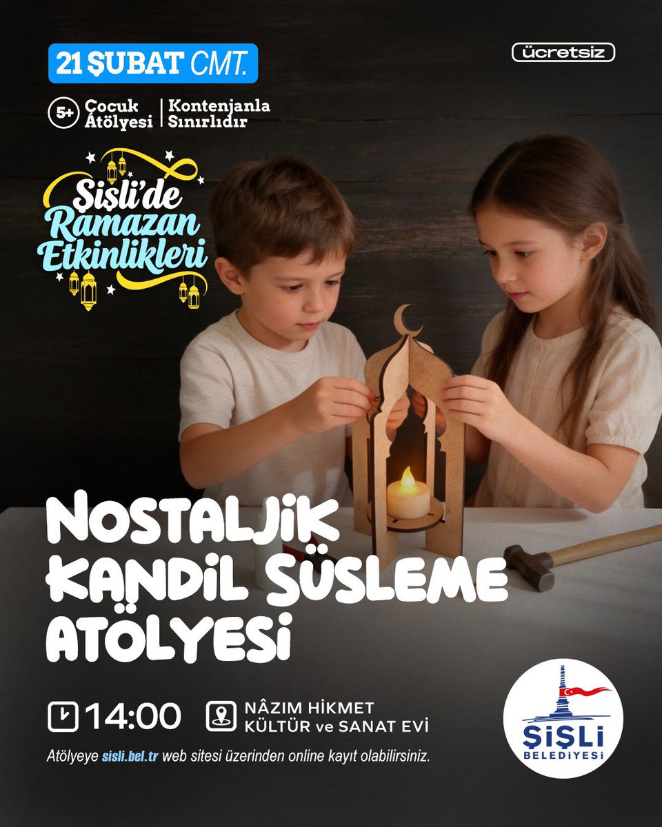 Çocuklarımız Nostaljik Kandil Süsleme Atölyesi'nde buluşuyor; geleneksel değerimiz kandilleri boyuyor, kendi dokunuşlarıyla yeniden yorumluyor. 

📅21 Şubat Cumartesi
⏰14.00
📍Nâzım Hikmet Kültür ve Sanat Evi
🧑‍💻Atölyeye sisli.bel.tr web sitesi üzerinden online kayıt