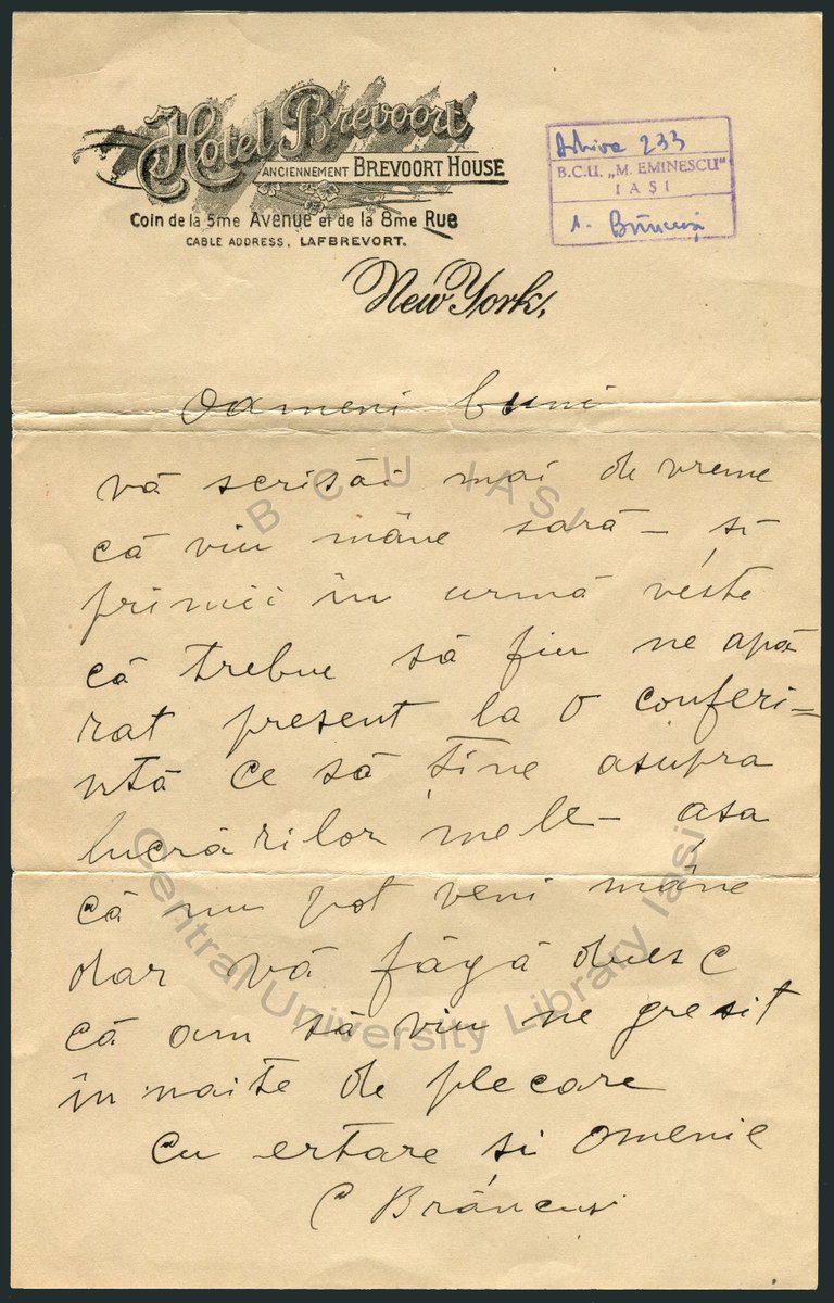 BCUIASI's tweet photo. Scrisoare datată noiembrie 1926, scrisă de C. Brâncuși @BCUIASI 
https://t.co/qnxgFjh3sr
Detalii aici: https://t.co/BztCeKflJc https://t.co/XmQXI408u6