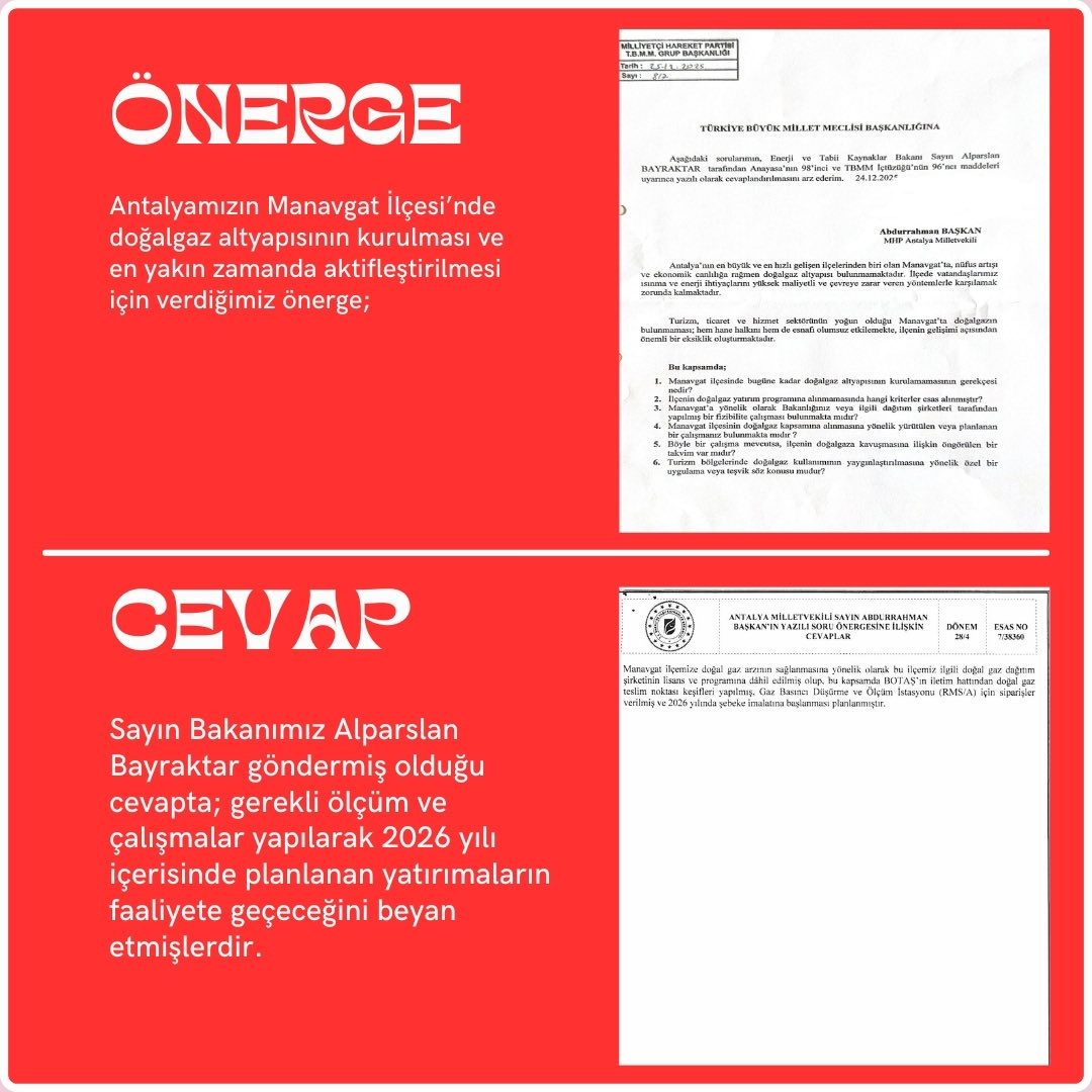Enerji ve Tabii Kaynaklar Bakanımız Sayın Alparslan Bayraktar’ın, Manavgat ilçemizin doğalgaz arzına ilişkin soru önergemize verdiği cevap tarafımıza ulaşmıştır.

Manavgat’ımız, ilgili dağıtım şirketinin lisans ve yatırım programına dâhil edilmiş; BOTAŞ iletim hattından teslim