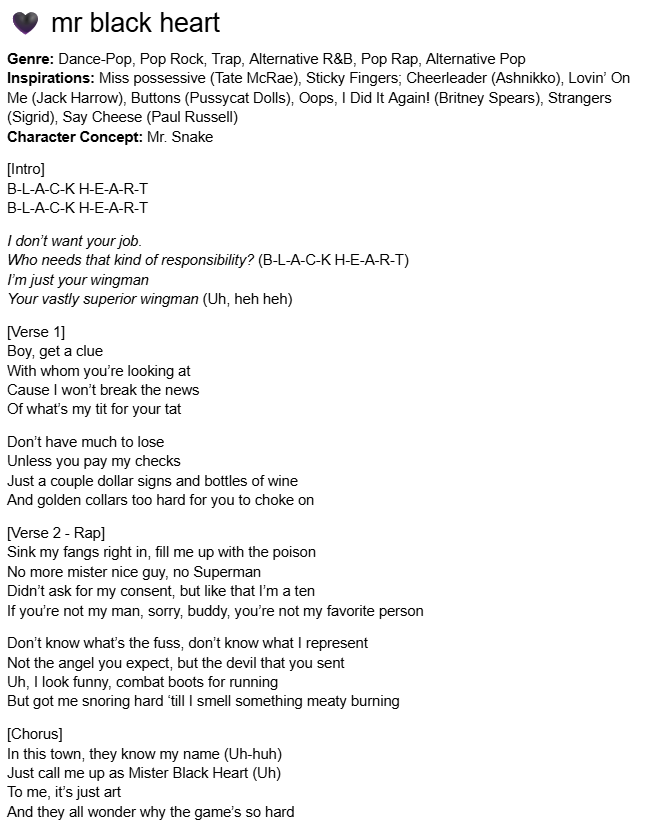 TU4QT4IA's tweet photo. 'mr black heart' 💰🤫
A concept song for Mr. Snake with a more villainous perspective and a 2000s pop-rap style.
#lyrics #poetry #originalsong #originallyrics #geekrock #nerdcore #TheBadGuys #MrSnake #villainsong #dark #rap #altpop #trappop #anthem #badass https://t.co/aai73Dm7GG