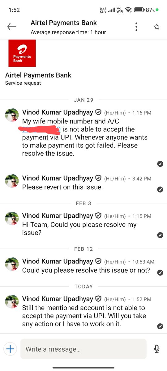 vekuna's tweet photo. @airtelbank  this is how the Payment bank works. How unprofessional this team is. Not answering any queries. https://t.co/4ZrBICScWi