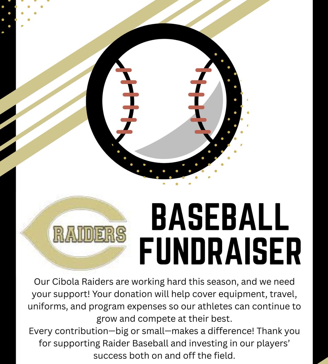 We’re asking for your support! 🙌 If you’re willing to help the Cibola Raider Baseball Program, please consider making a donation. Every contribution makes a difference! Click the link to donate and support our players ⚾️ 🖤💛app.scoreboard.coach/s/576609