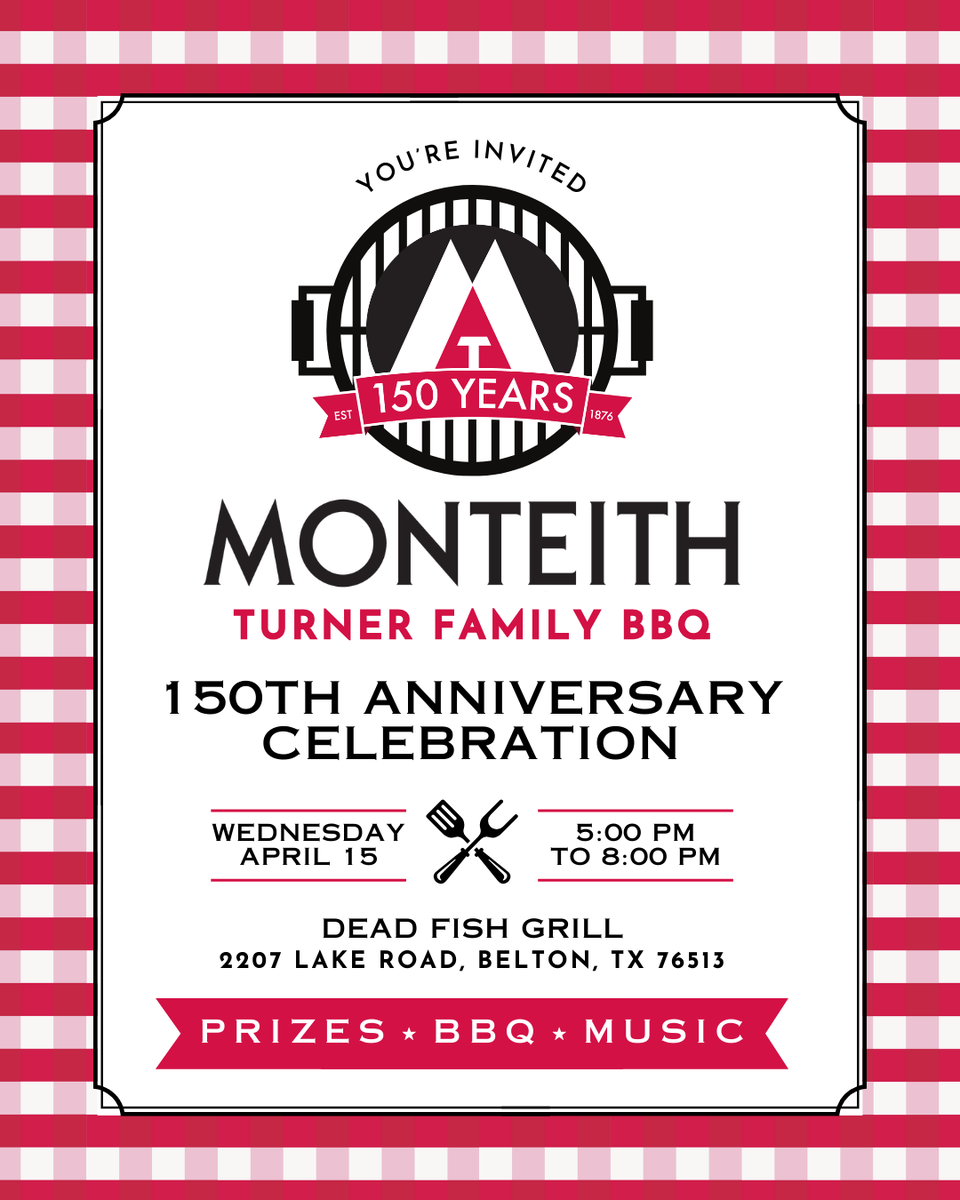 MonteithTitle's tweet photo. Save the date! Our annual Turner Family BBQ is coming up on April 15th from 5:00pm - 8:00pm at Dead Fish Grill! 🎉  

We're celebrating 150 years of serving our clients with delicious BBQ, prizes, and music.  

We look forward to seeing you there! https://t.co/u2rdPvN4Pg
