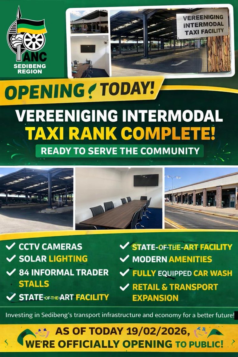 GautengANC's tweet photo. The Vereeniging Intermodal Taxi Rank is officially open!
A modern facility with CCTV, solar lighting, 84 trader stalls, and expanded transport amenities investing in Sedibengβs infrastructure and local economy.
#ServiceDelivery #ANCInAction π€ππ https://t.co/7xeooYJLgO