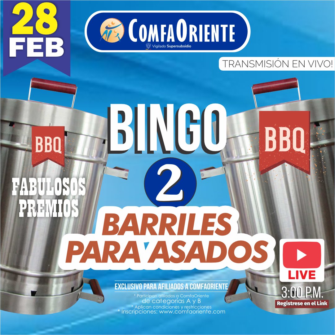 🔥 Bingo ComfaOriente 🥩

Participa, juega y gana fabulosos premios.

🗓️ Sábado 28 de Febrero del 2026.
⏰ 03:00 p.m.
🔗 A través de nuestro canal de YouTube.

Inscríbete aquí 👉🏼 comfaoriente.com/bingo-de-los-b…

*Aplican términos y condiciones.

#ComfaOriente #LaCajaDeLosBeneficios