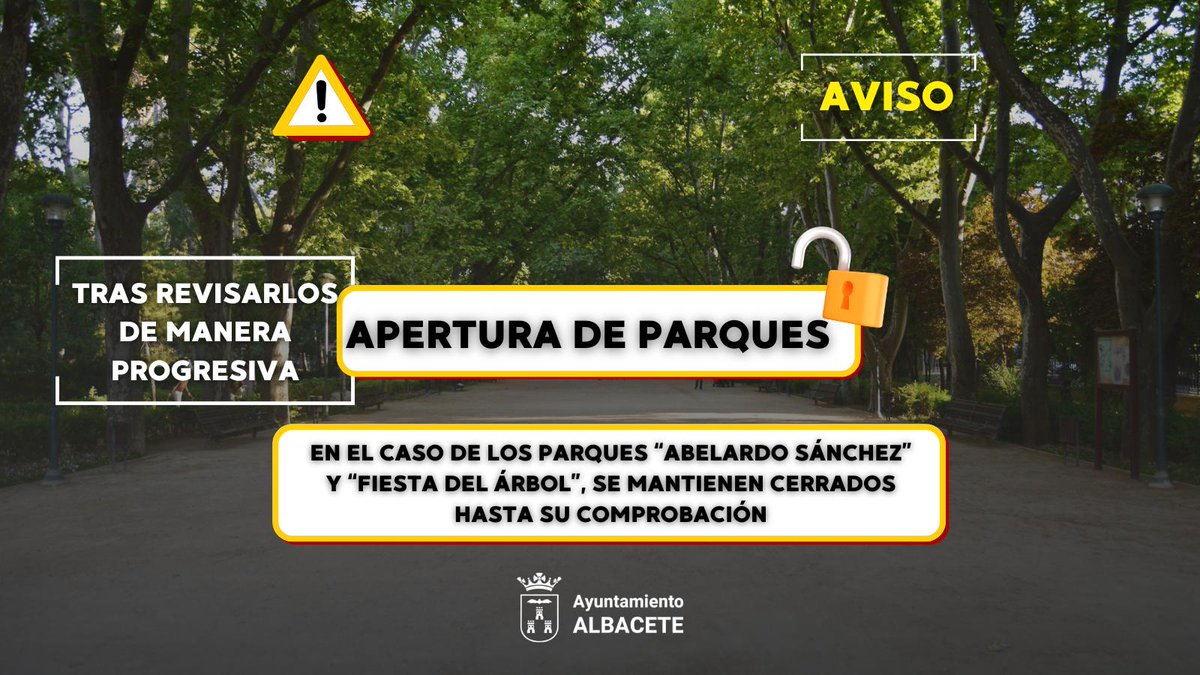 ℹ️ Habiendo finalizado la situación de aviso amarillo por vientos declarada por la Aemet se procede a la apertura de los parques  excepto Fiesta del Árbol y Abelardo Sánchez hasta que finalicen los trabajos de comprobación, limpieza de ramas y árboles caídos y apeo de árboles con