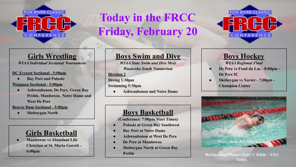 🗓️Today in the FRCC: Friday, Feb 20🗓️

🏊‍♂️Boys Swim and Dive D2 State Championship Meet - Ashwaubenon and Notre Dame
🤼‍♀️Girls Wrestling Sectionals
🏒Boys Hockey Regional Finals - Sheboygan and De Pere
🏀Boys: Conference play - Key game Bay Port at Notre Dame.