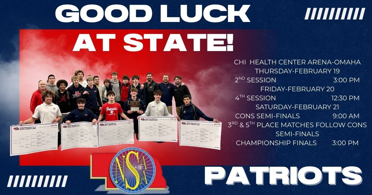 MSHSactivities's tweet photo. Good Luck to our Boys Wrestling team as they compete at the NSAA State Wrestling Tournament at the CHI Health Event Center today! #GoPatriots @PatriotsWrestle https://t.co/JRoXTpayOi