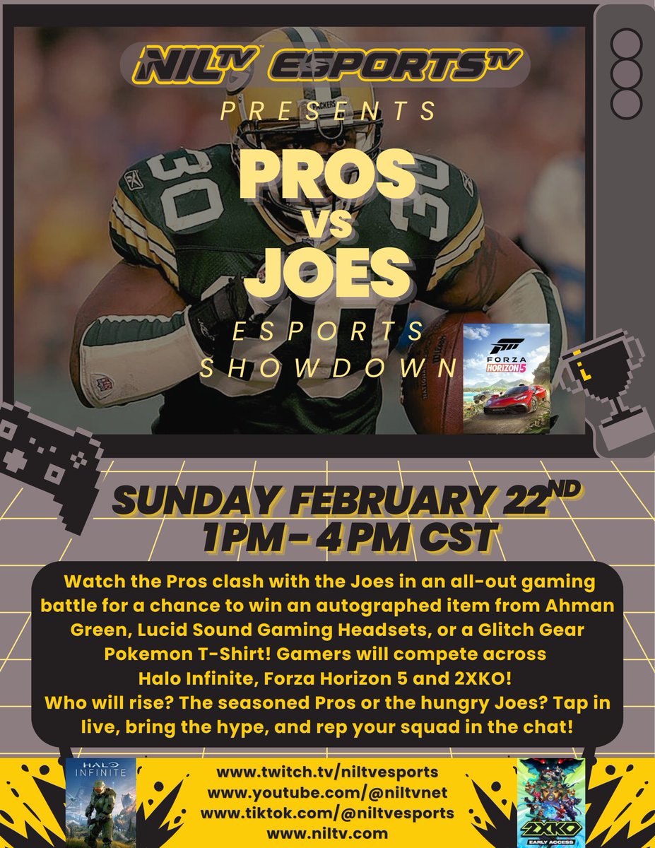 niltvesports's tweet photo. 🎮🔥 #PROSvsJOES – THIS SUNDAY! 🔥🎮
February 22, 2026 from 1PM CT – 4PM CT! 🕐
Our monthly #EsportsCompetition!
🎮 Games:
🏎️ #ForzaHorizon5
🥊 #2XKO
🚀 #HaloInfinite
🏆 #Prizes
👕 T-Shirt from https://t.co/RH3D2Aeyc3
🎧 #LucidSound
✍️ Autographed items👀🔥
#NILTVEsports https://t.co/coPipTrJNS