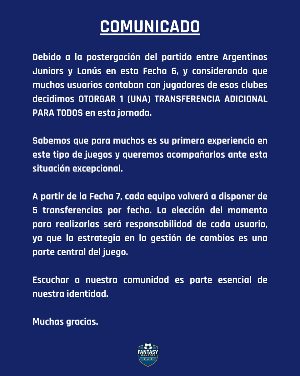 COMUNICADO OFICIAL – TRANSFERENCIA EXTRA FECHA 6