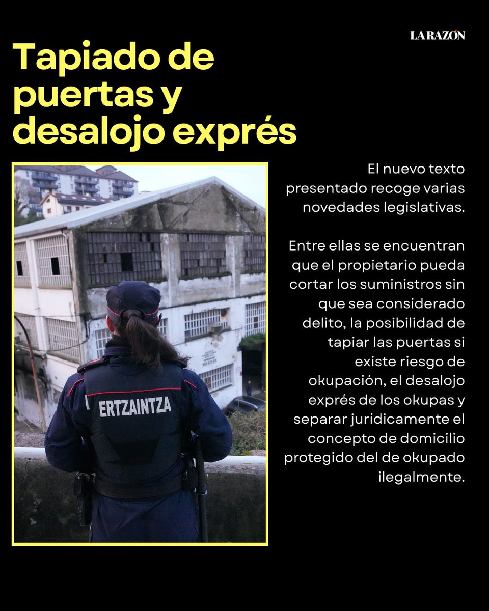 larazon_es's tweet photo. 🏠 El PP presenta su nueva ley antiokupas: penas de hasta 3 años de cárcel, desalojo exprés y posibilidad de tapiar puertas.

📌 También permite cortar suministros sin que sea delito y diferencia el domicilio protegido del ocupado ilegalmente

🔗 https://t.co/E4skTGrdss