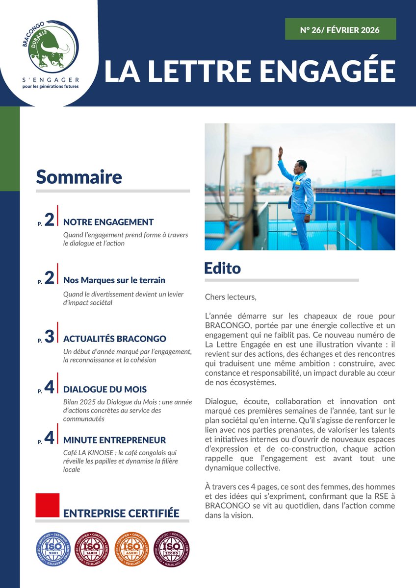 BracongoSa's tweet photo. Le nouveau numéro de notre newsletter met en lumière un début d’année porté par l’action, le dialogue et l’engagement collectif. Entre Rencontre RSE, temps forts internes, initiatives solidaires et mise en avant du café congolais La KINOISE, cette édition illustre une entreprise en mouvement, attentive à ses communautés et à ses collaborateurs.
À travers ces pages, découvrez comment vision, responsabilité et impact concret prennent forme au quotidien.
#LaLettreEngagée #BRACONGO #Engagement #RSE #Performance #ImpactPositif #EntrepriseCitoyenne #FièrementCongolaise