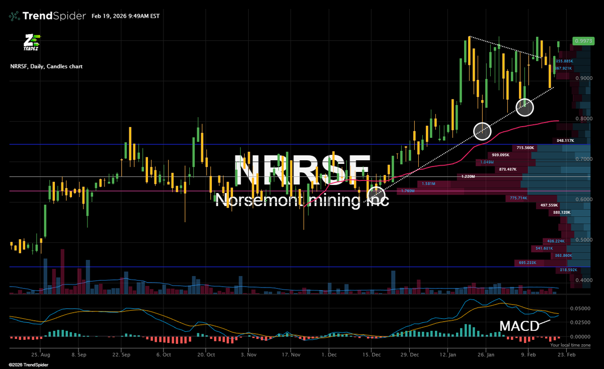 zoptionstrading's tweet photo. Norsemont Mining Inc. (OTCQB: $NRRSF | CSE: $NOM)

RSI Oversold on $GLD & $SLV Hoping for a bounce on them. 

Norsemont has held up very well though the GLD SLV plummet. Now hanging out around that $1 area. I would love to see it pass that area which seems to be the mental sell zone. 

Communicated Disclaimer:
https://t.co/GIXoWWBadj
