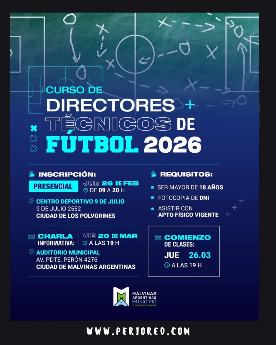📌 Inscripción presencial
🗓 26 de febrero | ⏰ De 09 a 20 h.
📍 En el Centro Deportivo 9 de Julio – Los Polvorines.

📣 Charla informativa: 20 de marzo – 19 h.
Inicio de clases: 26 de marzo – 19 h.

⚽
#dt futbol #deportes