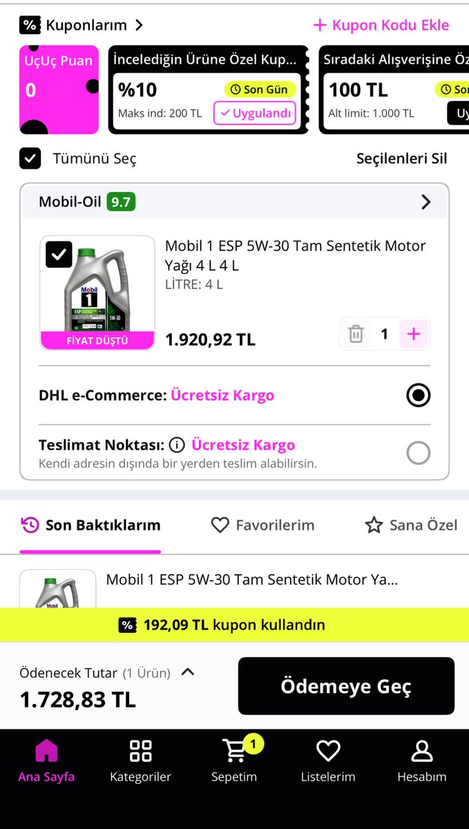 Vw grubu araç için yağ alacaktım sepetimde bekletiyordum. Fiyatı kupon ile cazip, vade farklı taksit seçenekleri de var. Mobil1 yetkili satıcısı tavsiyedir reklam değildir