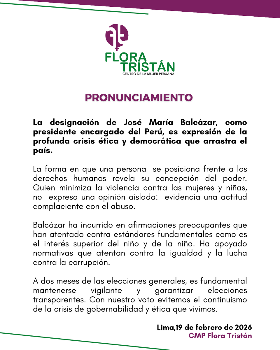 #Pronunciamiento 🇵🇪 |La designación de José María Balcázar, como presidente encargado del Perú, es expresión de la profunda crisis ética y democrática que arrastra el país.