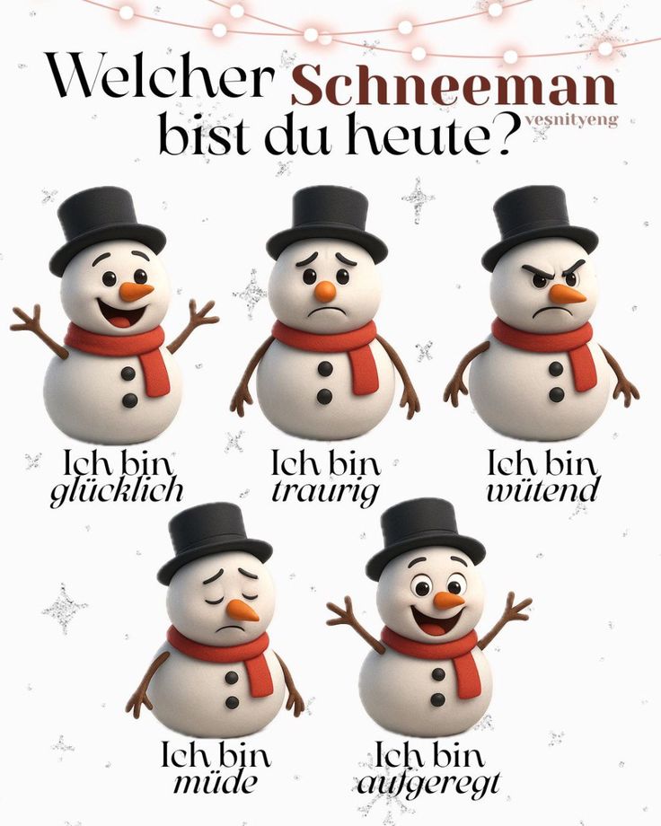TGLSDelhi's tweet image. Happy? Sad? Tired? Which snowman are you today? ❄️
#LearnGerman #DeutschLernen #Wortschatz #Deutsch #DaF #German #LearningGermanIsFun #TGLS #GermanLanguage #Polyglot