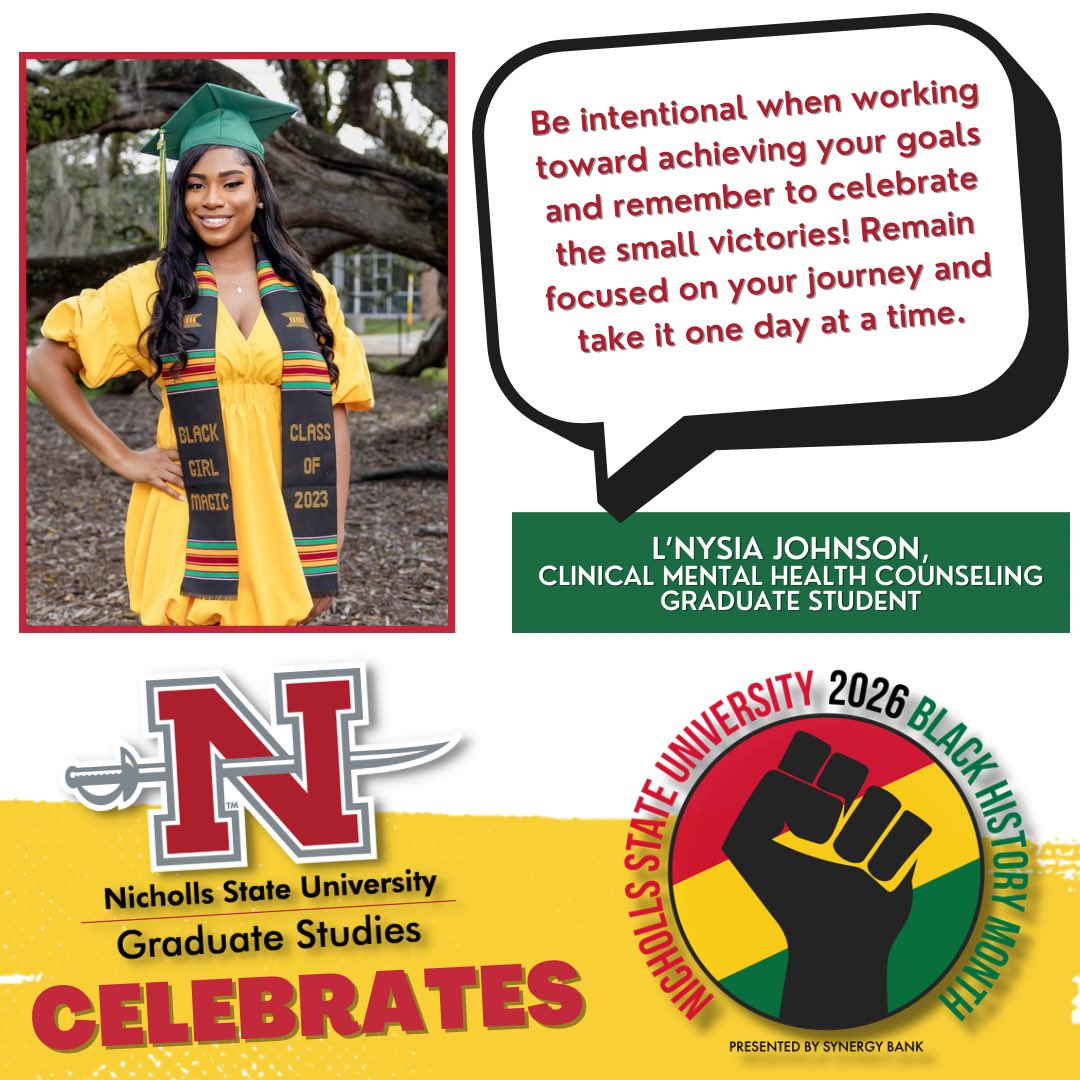 Celebrating #BlackHistoryMonth:

L’Nysia Johnson is a graduate student at Nicholls State University pursuing her Master of Arts degree in Clinical Mental Health Counseling.

For a full list of 2026 Black History Month events at <a href="/NichollsState/">Nicholls State University</a>, visit nicholls.edu/black-history-…!