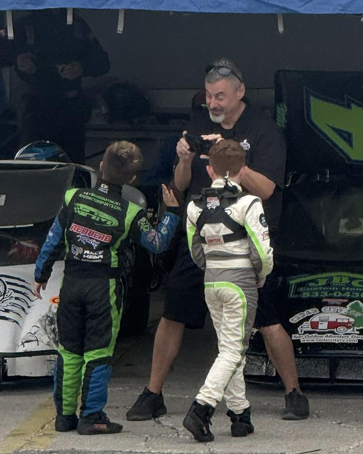 While I am just 5'10", I have had to copy the <a href="/bobdillner/">Bob Dillner</a> stance when interviewing drivers in Bandoleros and Legends for <a href="/legendsnation/">Legends Nation | LegendsNation.com</a> . heh IYKYK , right, Bob? :) 
(Hagan Green Racing photo)