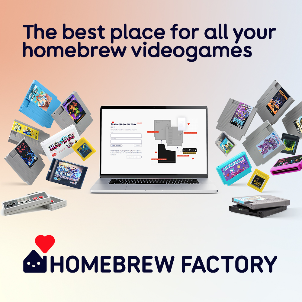 A quick reminder that our Homebrew Factory service allows creators to produce and finance physical versions of their NES, Game Boy, GBC, and Mega Drive/Genesis games.

You can also follow all these projects on the dedicated account <a href="/HomebrewFactory/">Homebrew Factory</a>

➡️ creator.homebrew-factory.com