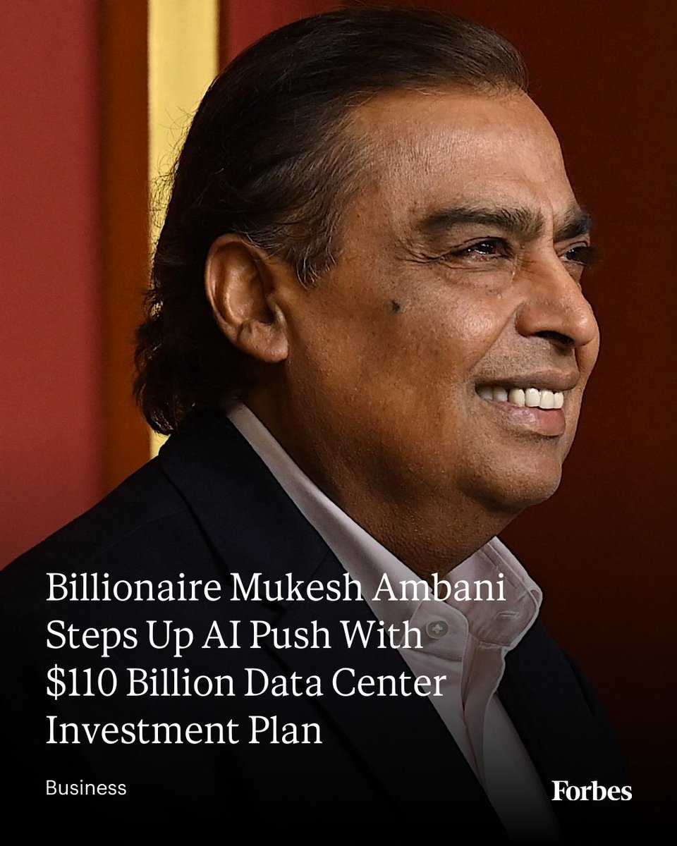 Forbes's tweet image. Reliance Industries—controlled by Asia’s richest person Mukesh Ambani—is doubling down on its AI expansion plans, earmarking 10 trillion rupees ($110 billion) to build data centers and other infrastructure facilities across India in the next seven years.

Read more: